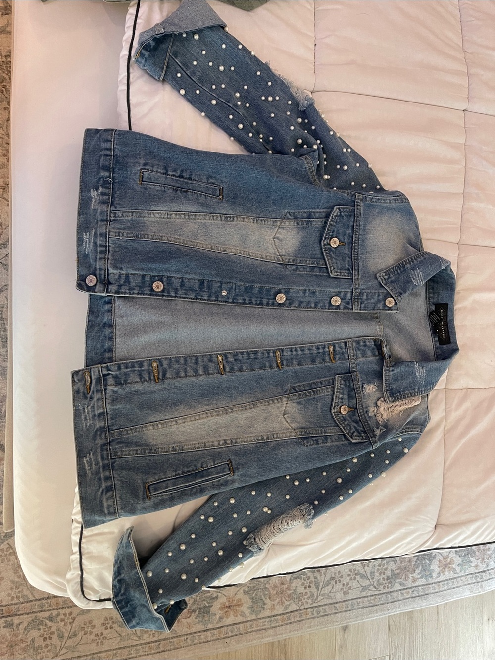 Live a Little Pearl-Embellished Light Blue Denim Jacket